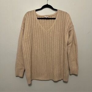GAP Women's V-Neck Sweater - Tan L Ribbed‎ Oversized Soft Slouchy Grunge Minimal